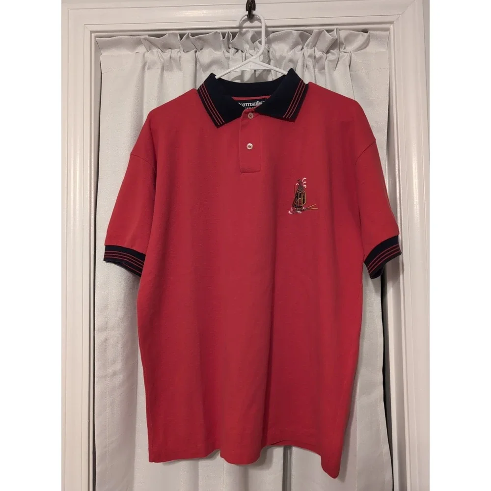 Scottish Isle by Bernette Men's Embroidered Cotton Golf Polo Red & Navy L Preppy